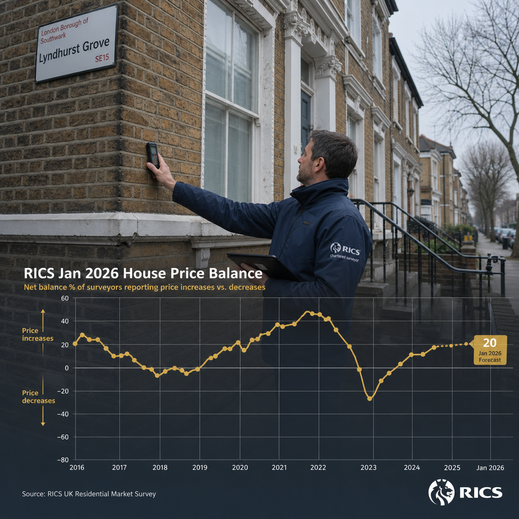 Wide-angle editorial photograph of a RICS chartered surveyor examining the exterior brickwork of a large Victorian London