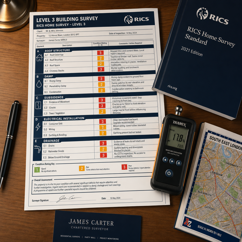Close-up editorial flat-lay of a detailed Level 3 Building Survey checklist on a wooden desk, showing inspection categories: