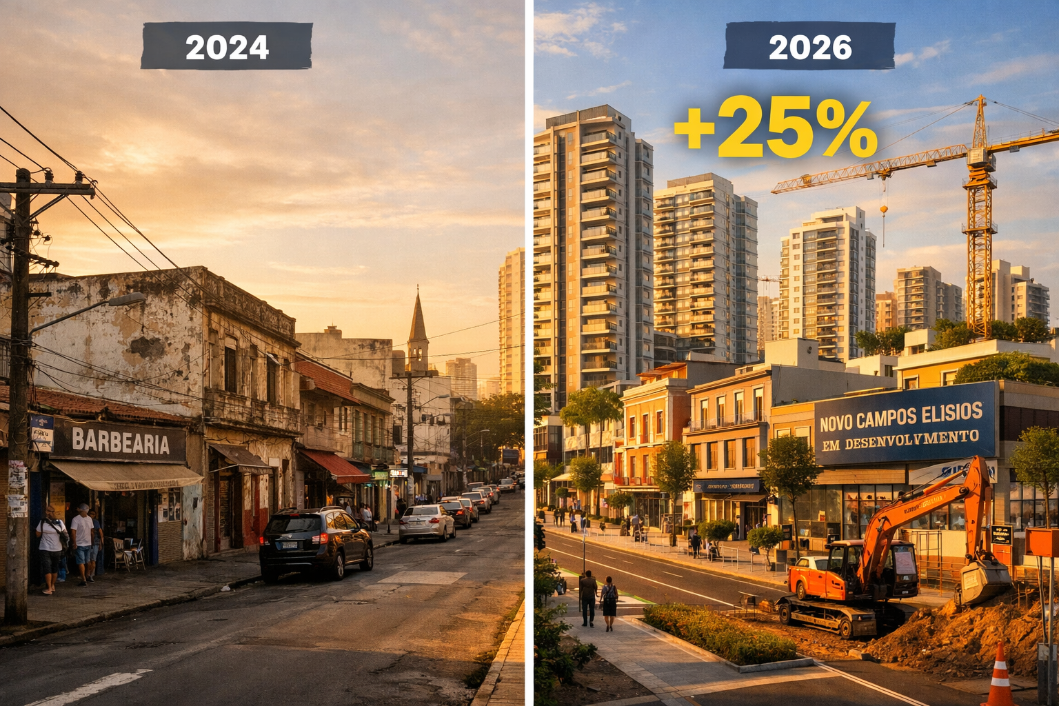 Detailed () image showing split-screen comparison of Campos Elísios neighborhood transformation. Left side displays historic