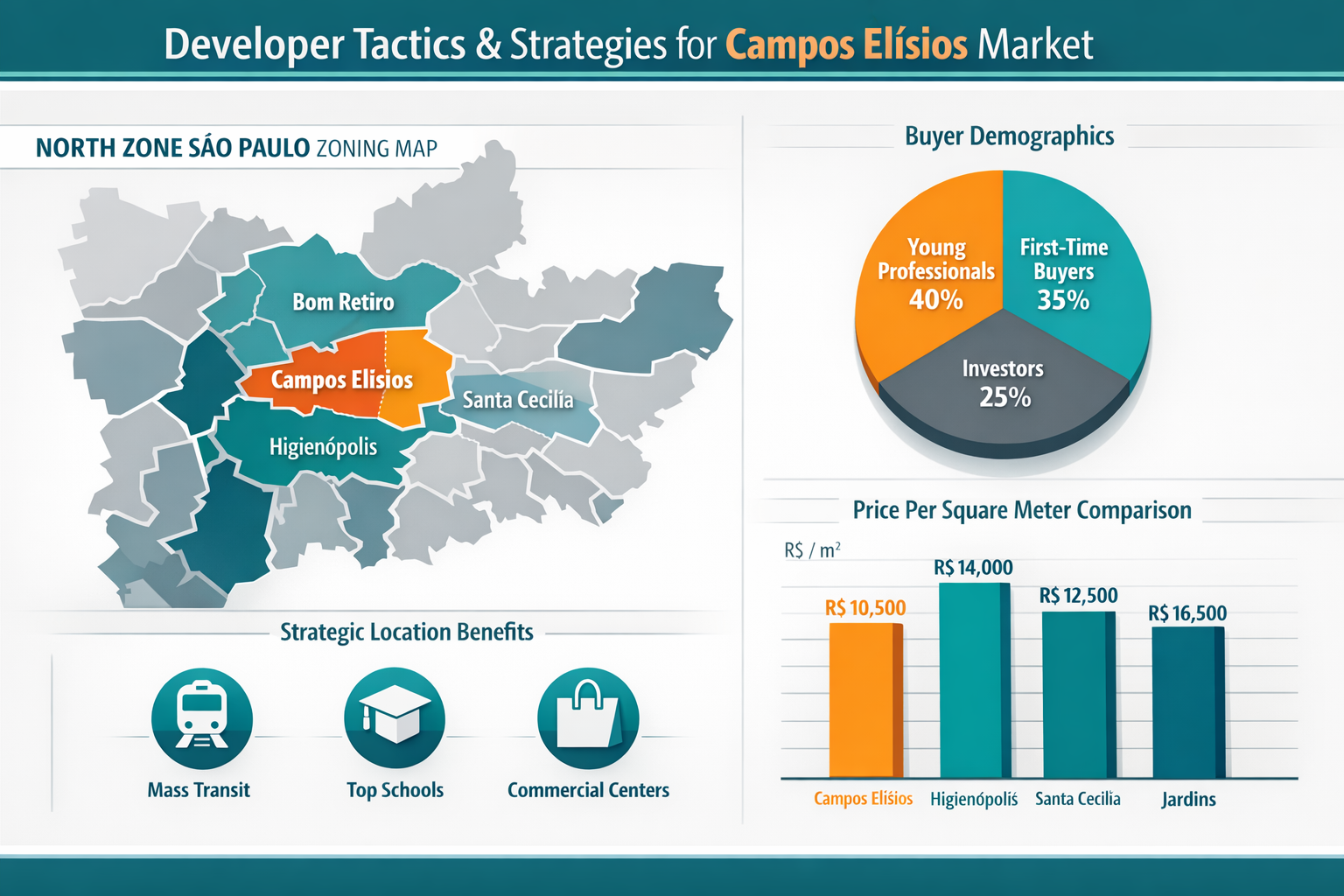 () professional infographic showing developer tactics and strategies for Campos Elísios market. Visual elements include
