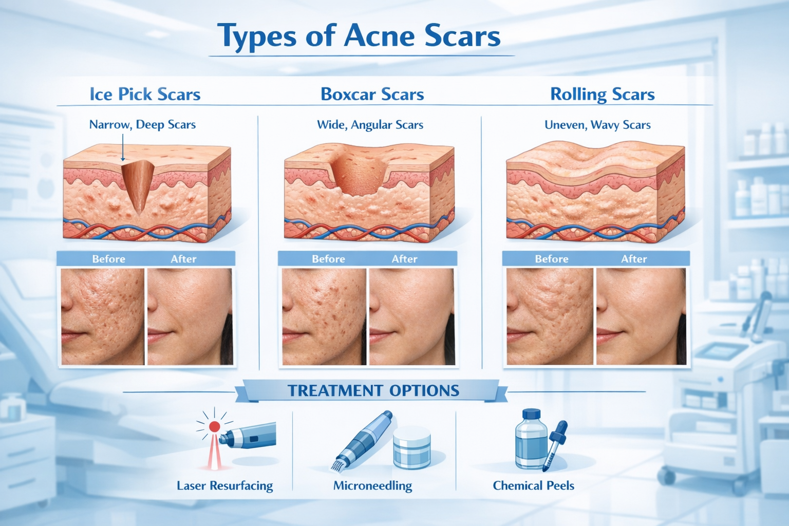 Detailed landscape format (1536x1024) medical infographic showing different types of acne scars - ice pick, boxcar, and rolling scars - with
