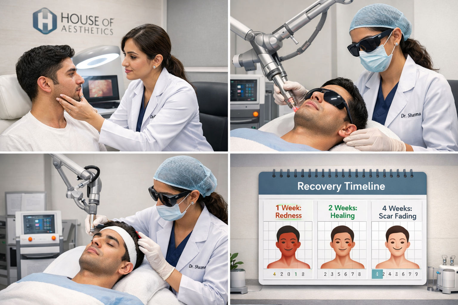 Professional landscape format (1536x1024) image showing step-by-step acne scar treatment process at modern Delhi clinic, featuring consultat