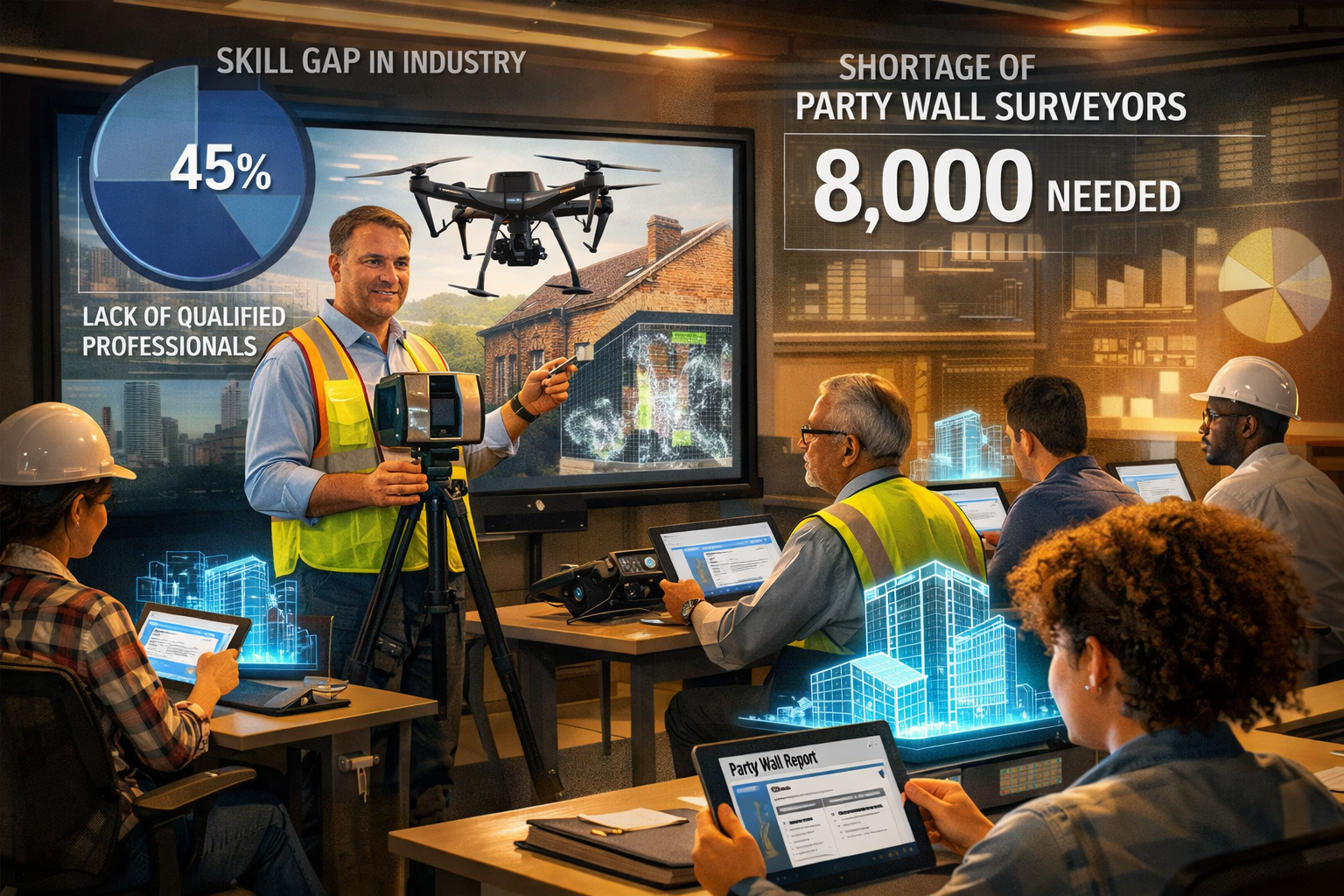 () detailed illustration showing diverse group of party wall surveyors in modern training facility, foreground features