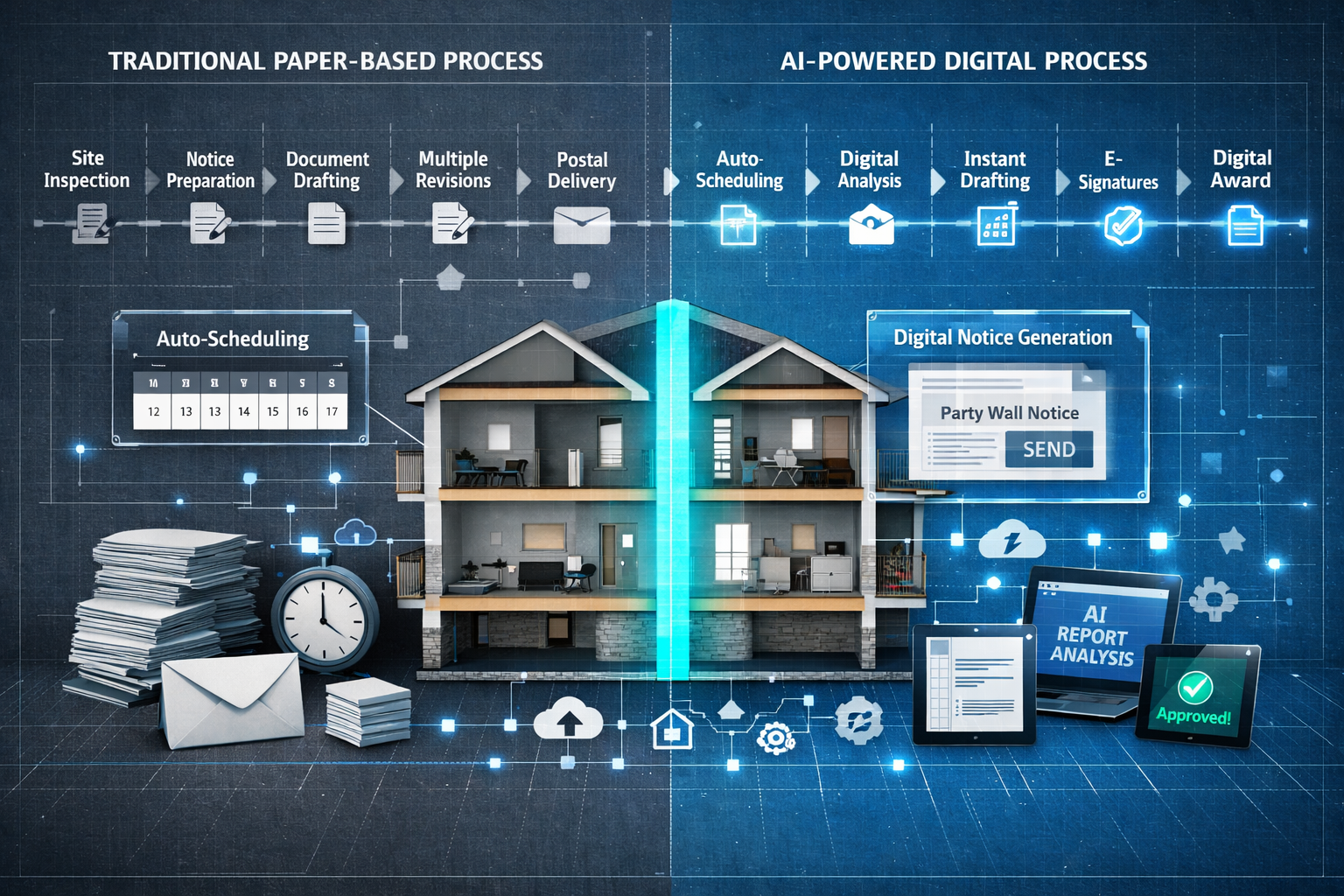 () technical visualization displaying AI-powered party wall surveying workflow, split-screen composition showing left side