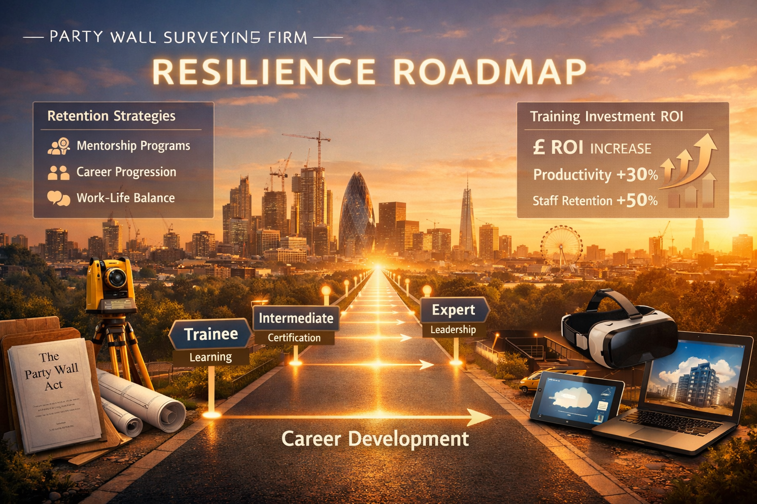 () strategic planning concept image showing party wall surveying firm resilience roadmap, foreground displays large