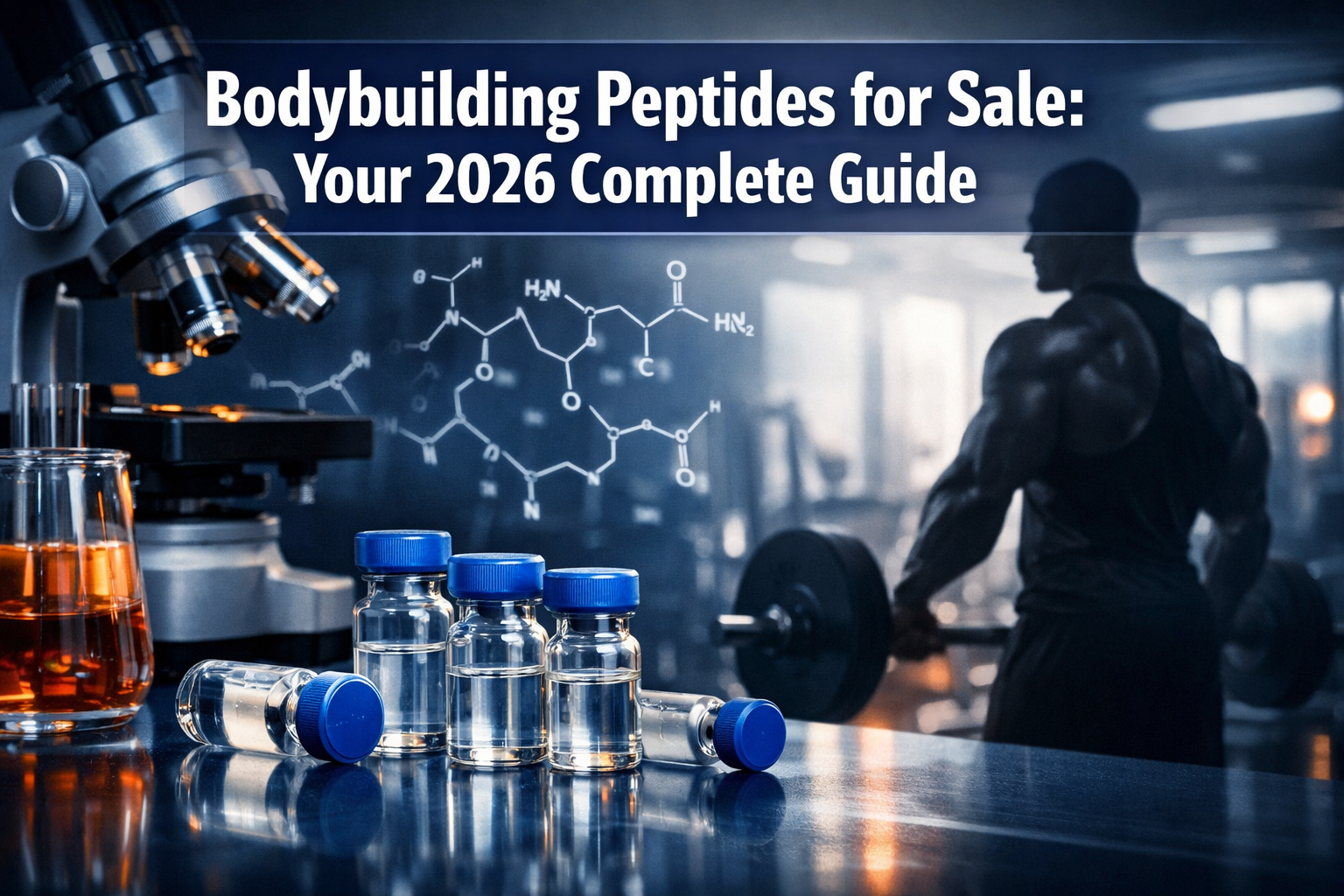Professional landscape hero image (1536x1024) featuring bold text overlay 'Bodybuilding Peptides for Sale: Your 2026 Complete Guide' in extr