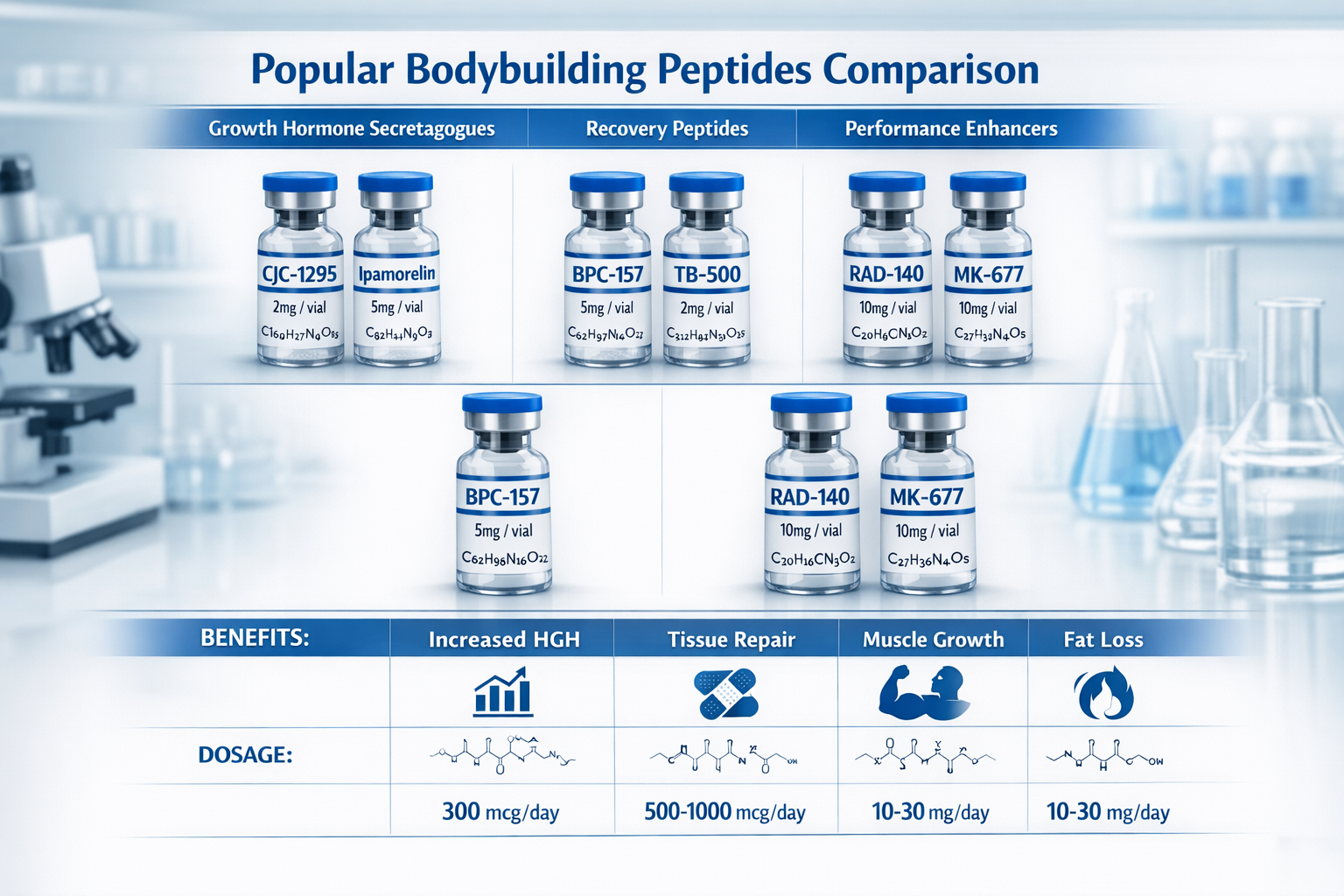 Professional landscape composition (1536x1024) depicting 'Popular Bodybuilding Peptides Comparison' featuring organized grid layout of pepti
