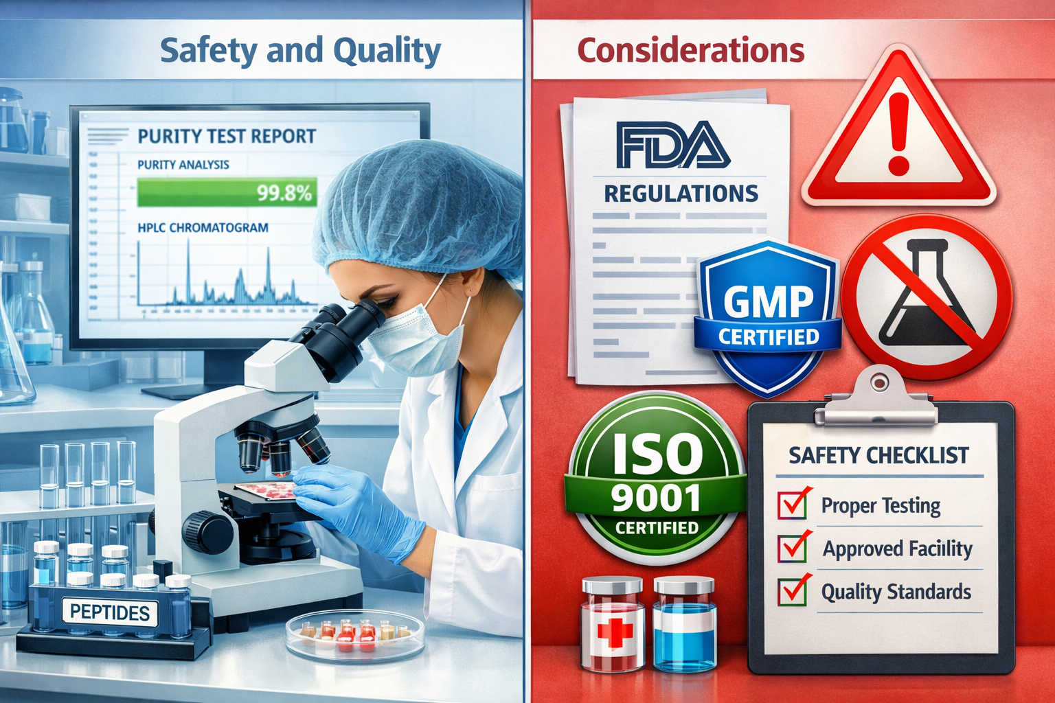Landscape editorial image (1536x1024) illustrating 'Safety and Quality Considerations' with split-screen composition: left side showing legi
