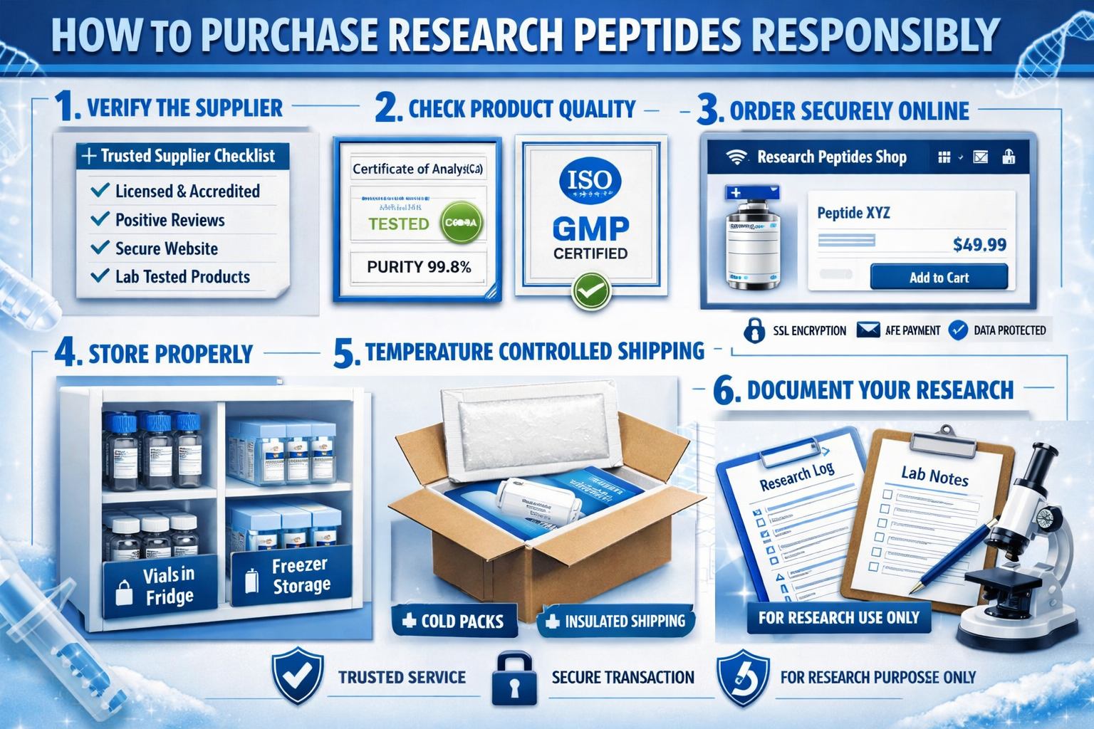 Detailed landscape image (1536x1024) showing 'How to Purchase Research Peptides Responsibly' featuring step-by-step visual guide with number