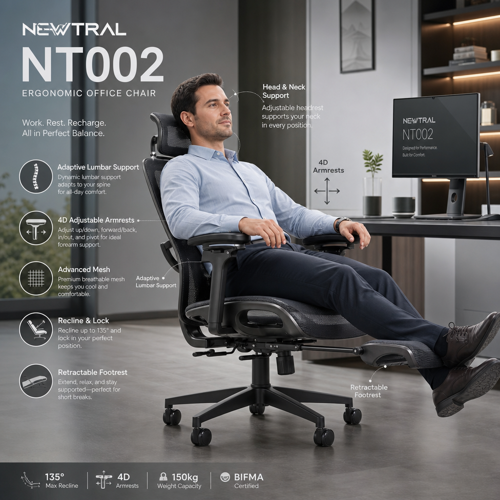 detailed showcase of Newtral NT002 Ergonomic Office Chair highlighting key features in action including 4D armrests, footrest extension, and reclining backrest with a person seated demonstrating correct ergonomic posture