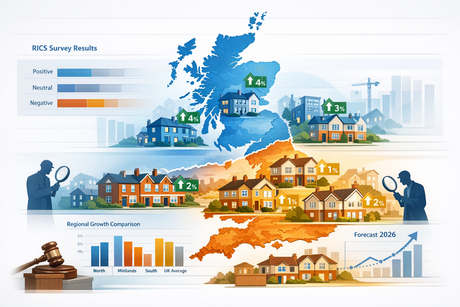 Landscape format (1536x1024) detailed infographic illustration showing the UK map with clear North-South geographical divide marked by contr