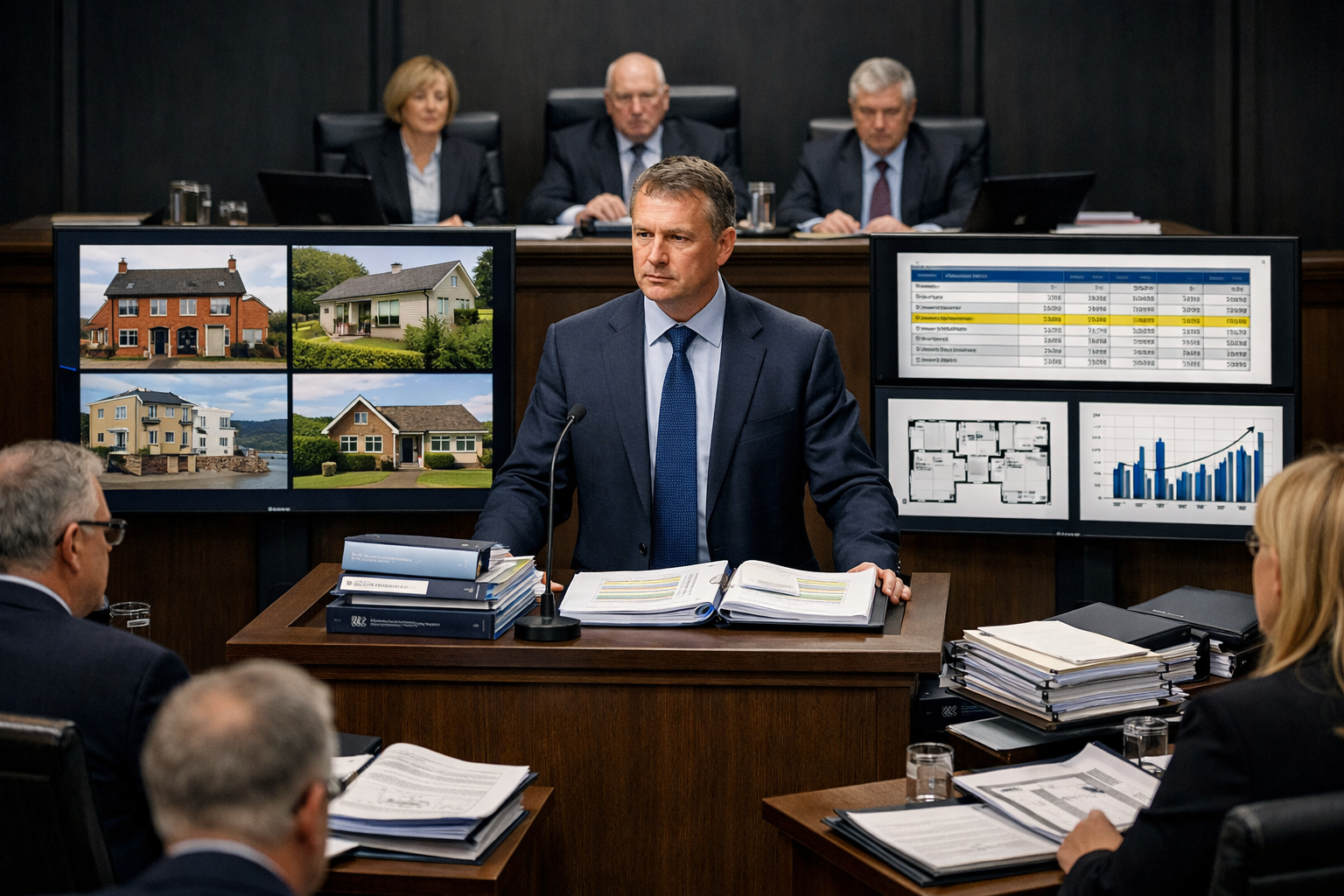 Landscape format (1536x1024) detailed courtroom and tribunal scene showing expert witness presentation setup. Central focus on professional