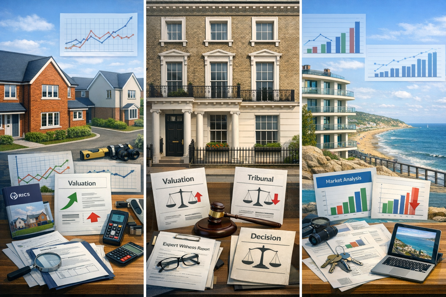 Landscape format (1536x1024) comprehensive case study visualization showing three distinct property dispute scenarios across UK regions. Spl