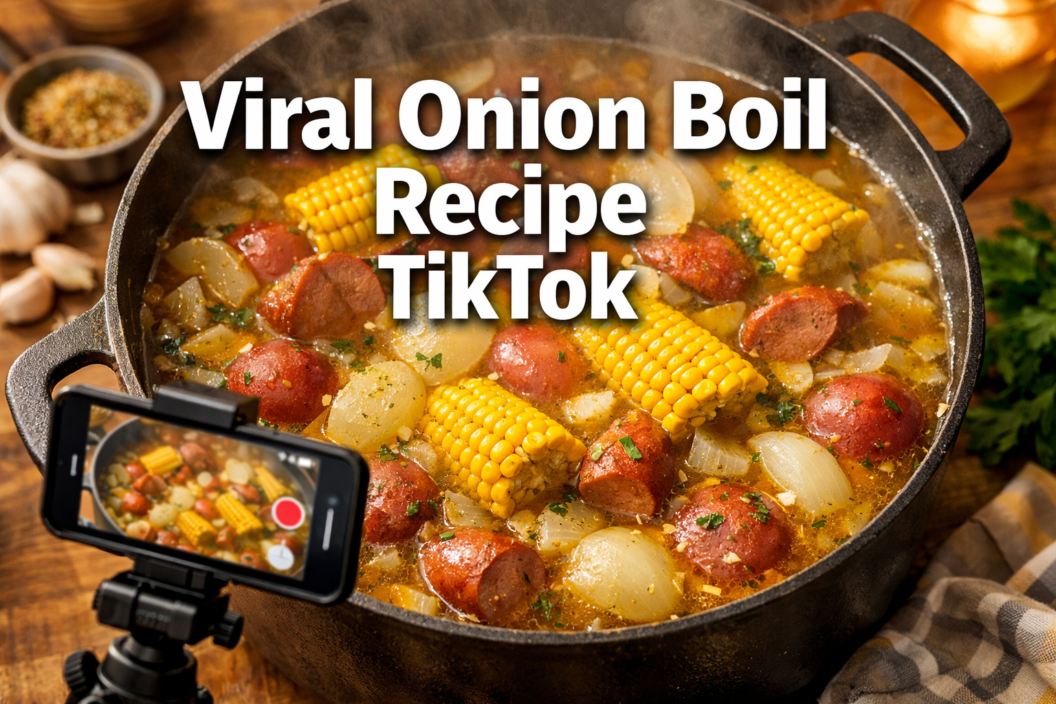 Professional landscape hero image (1536x1024) featuring bold text overlay 'Viral Onion Boil Recipe TikTok' in extra large 72pt white sans-se