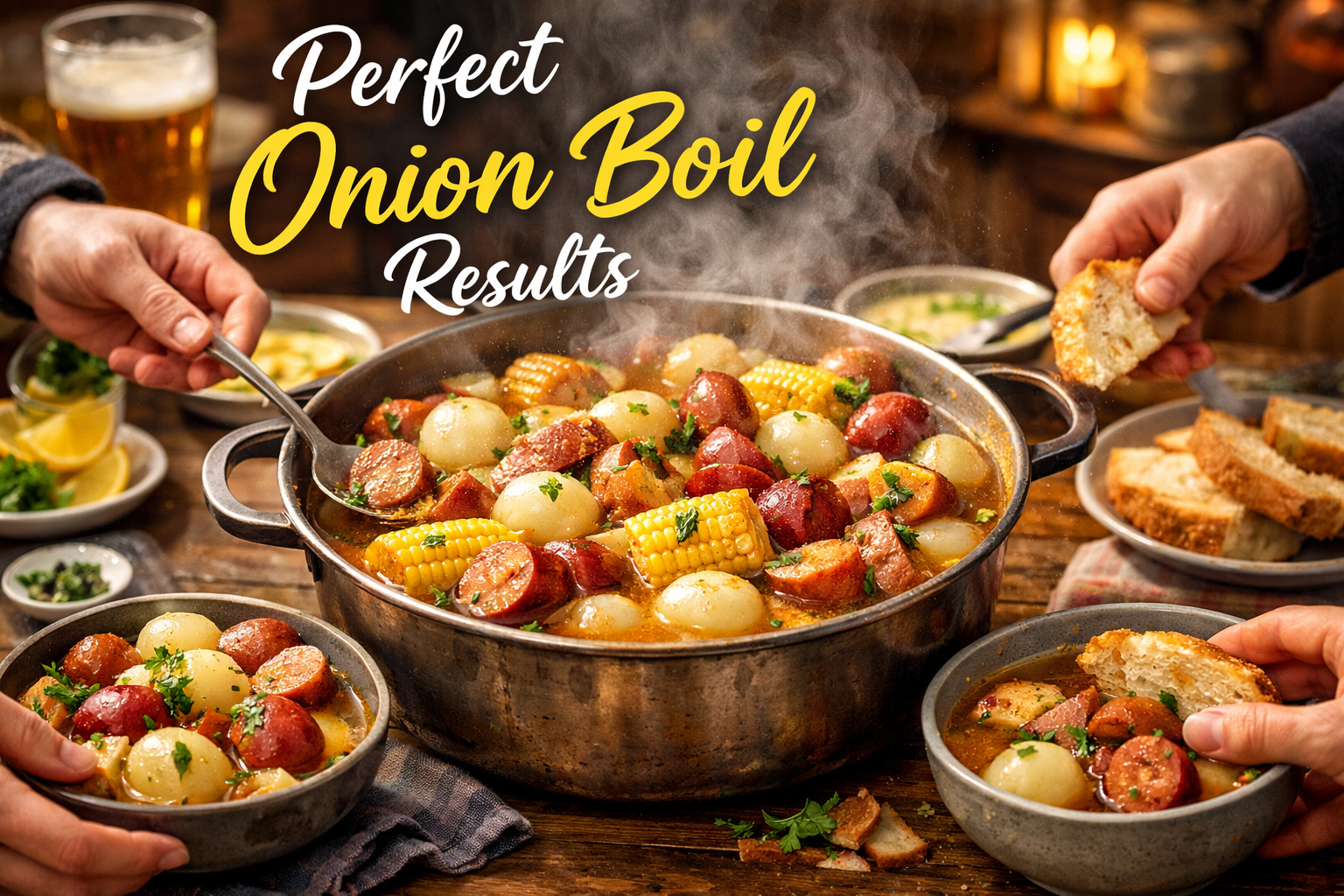 Professional landscape image (1536x1024) showcasing finished onion boil served family-style in large pot and individual bowls, steam rising,