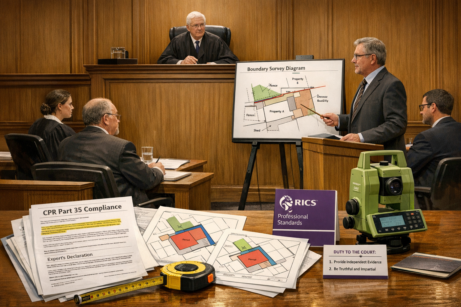 () detailed courtroom scene showing expert witness chartered surveyor standing at witness box presenting evidence to judge,