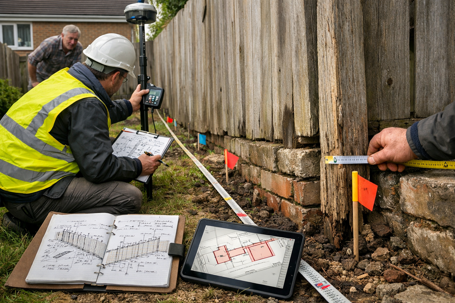 () active boundary survey site investigation scene showing chartered surveyor conducting detailed measurements along