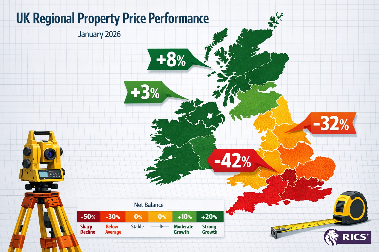 Detailed () infographic showing UK regional property price performance heat map for January 2026. Map of United Kingdom with
