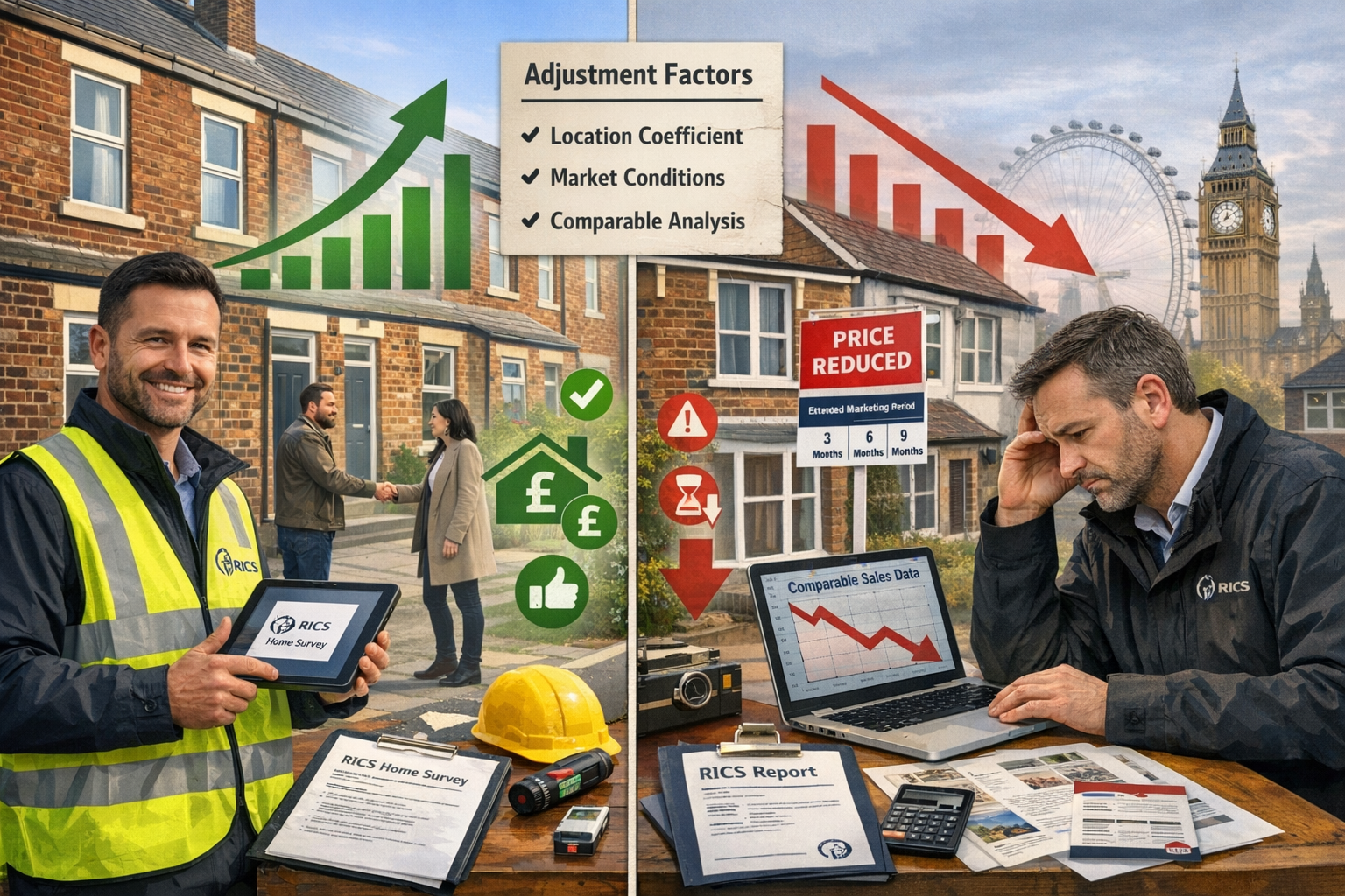 Detailed () split comparison illustration showing two contrasting property valuation scenarios side by side. Left panel: