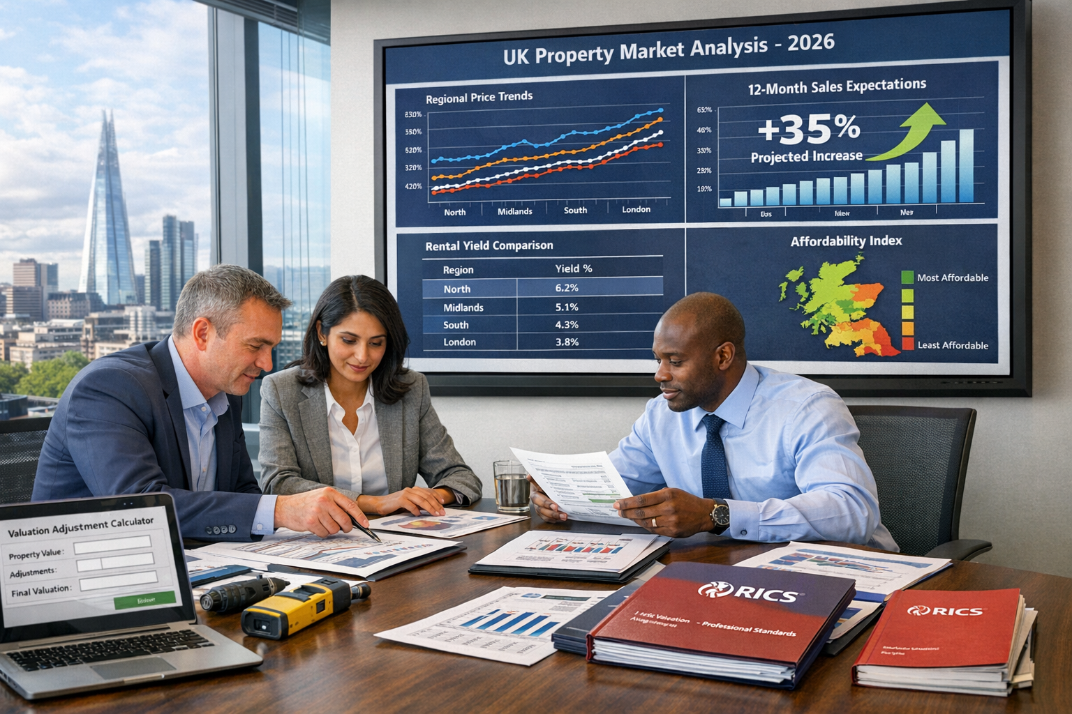 Detailed () professional office scene showing chartered surveyor team conducting regional market analysis for 2026. Large