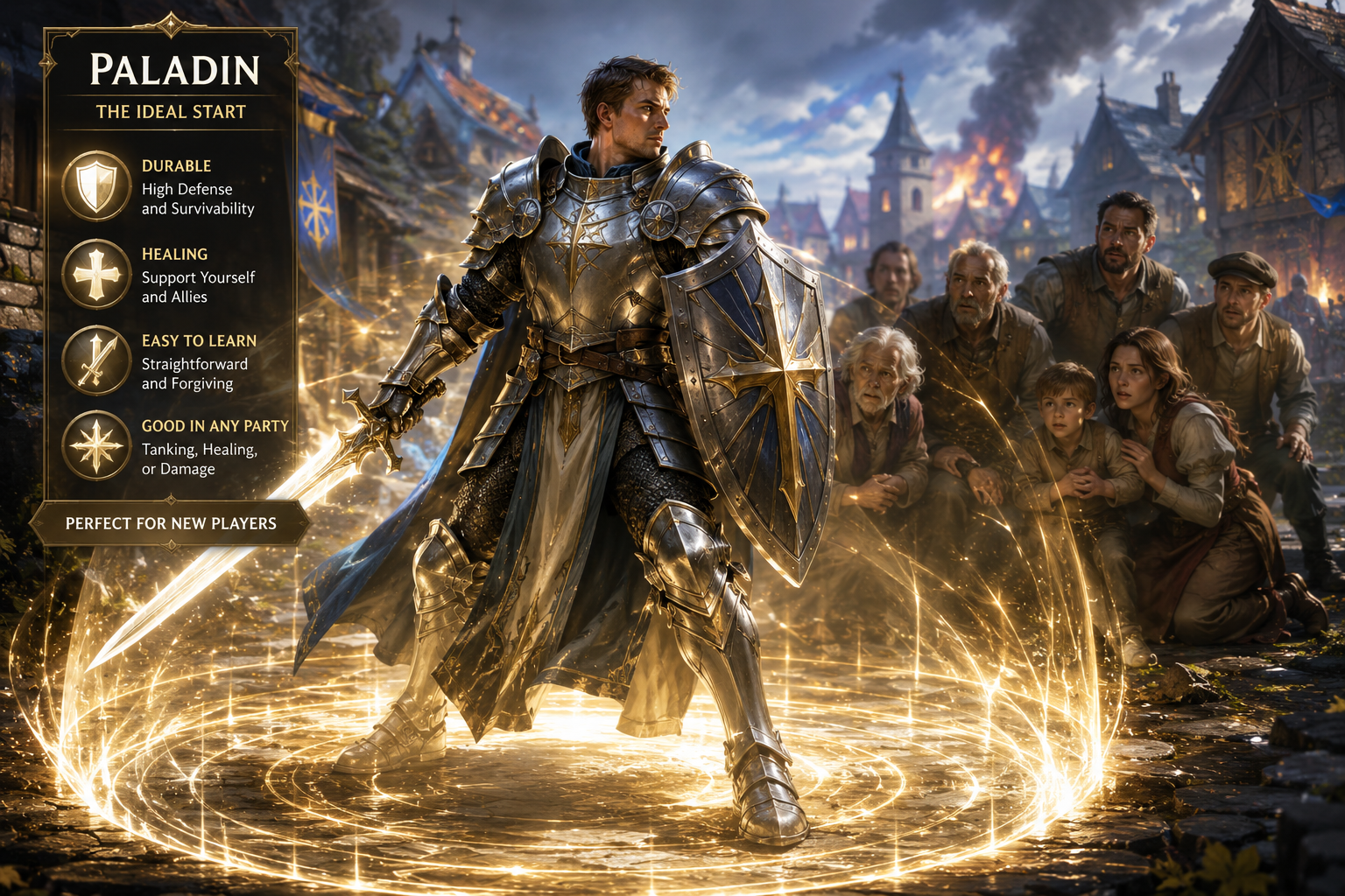 Illustration of a Human Paladin in polished silver plate armor standing defensively
