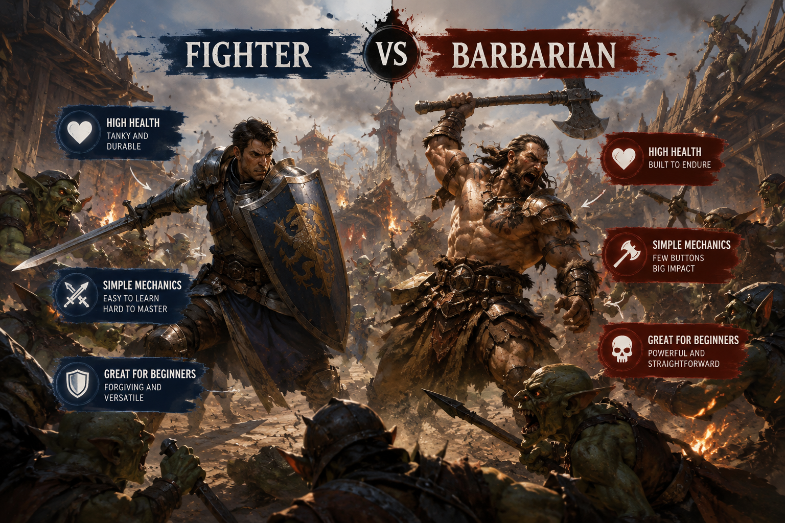 Concept art showing a comparison between a Fighter and a Barbarian in the middle of a chaotic battle against goblins