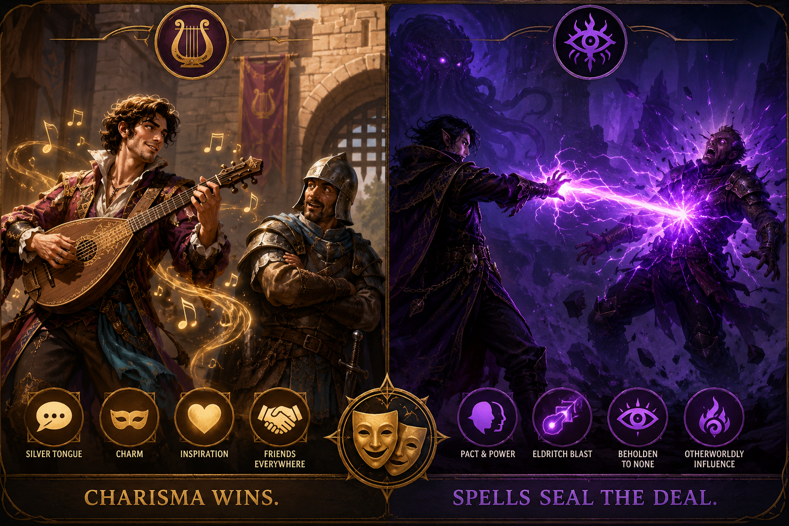 A split-screen infographic style illustration: on one side, a Bard performing with a lute to distract a guard