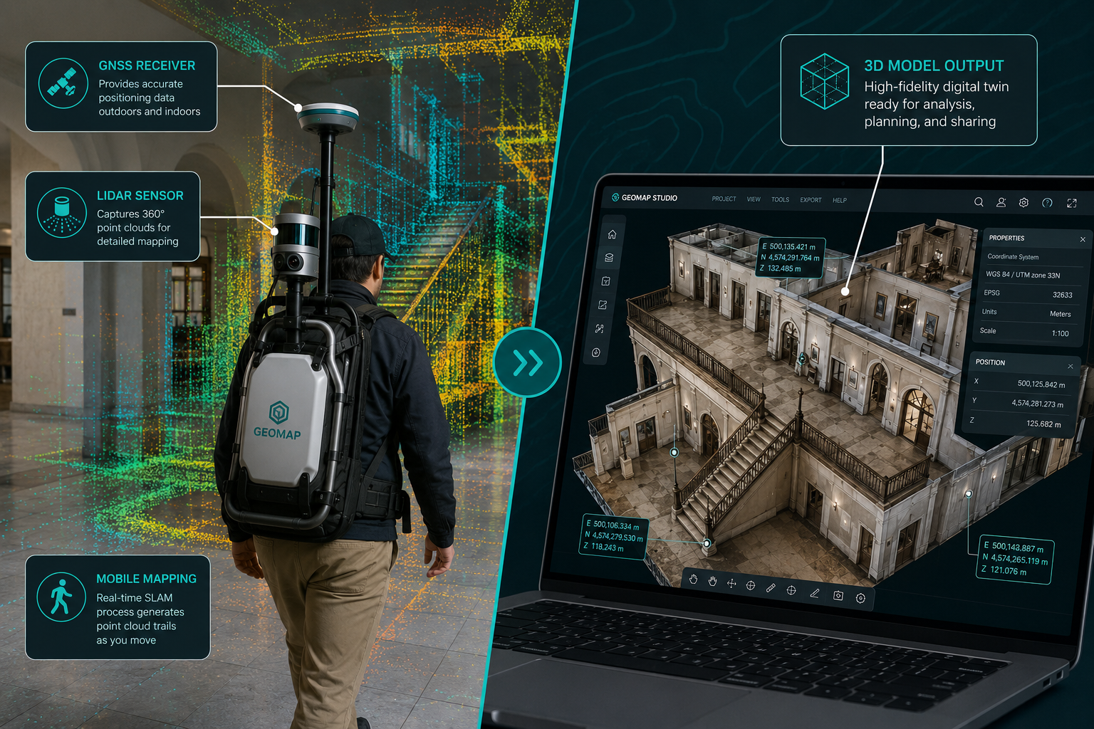 Wide () split-scene illustration showing LEFT: a compact backpack-mounted mobile mapping rig being worn by a surveyor