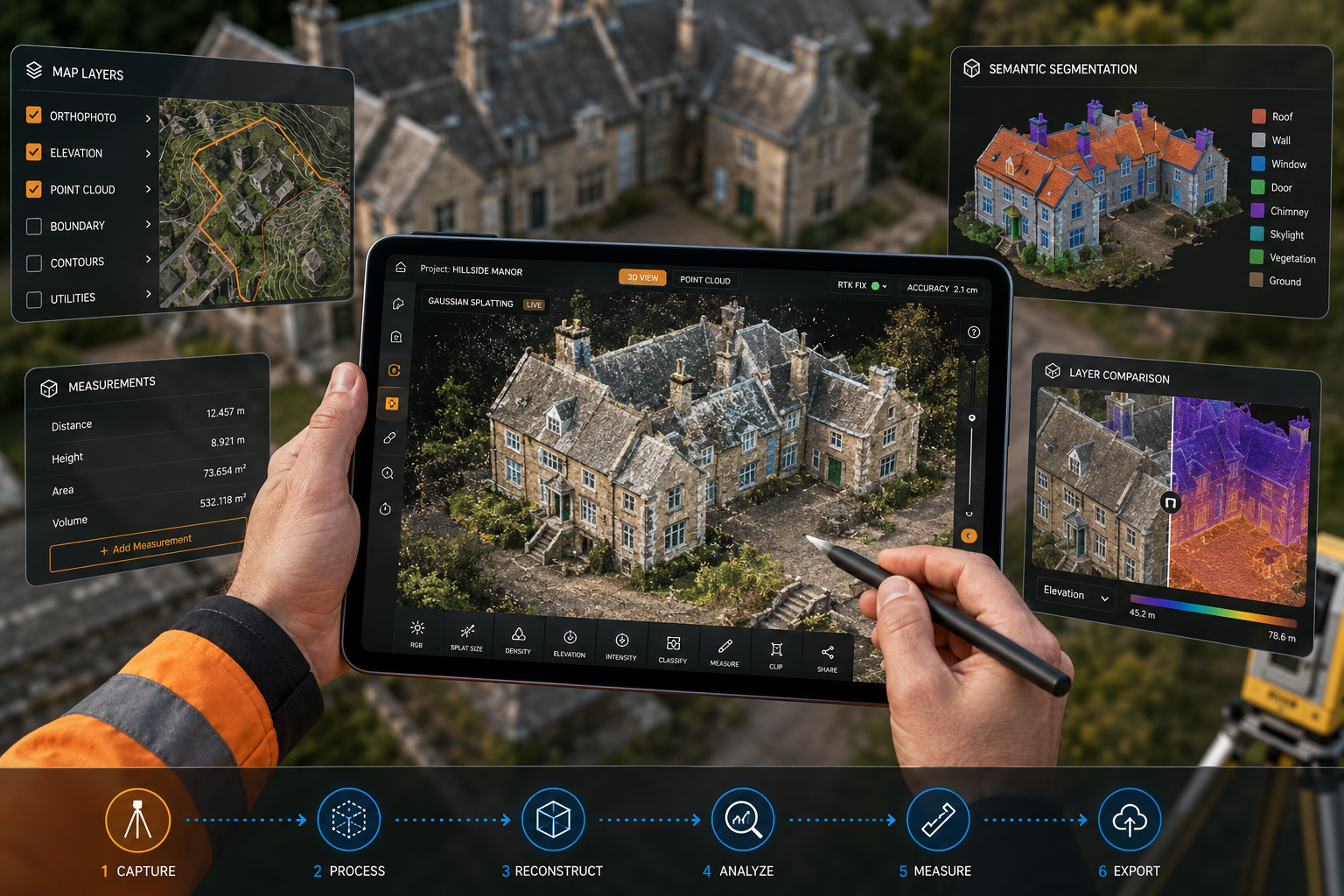 () top-down aerial perspective showing a surveyor's hands holding a tablet displaying a real-time 3D Gaussian splatting