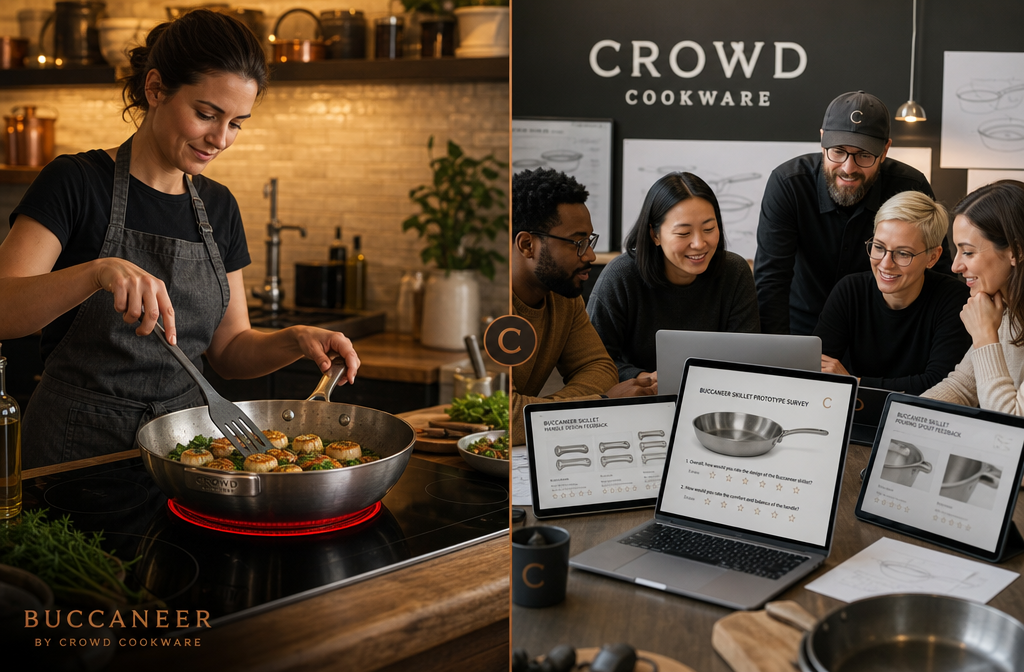 Crowd Cookware Review Landscape format (1536x1024) split-scene comparison image: left side shows a home cook using the Crowd Cookware Buccaneer skillet on an induction cooktop with visible even heat glow beneath the pan, right side shows a community of diverse cooking enthusiasts gathered around laptops and tablets reviewing prototype designs and giving feedback via survey screens. Warm golden kitchen lighting on left, cool collaborative workspace lighting on right, divided by a thin copper line, editorial quality, modern lifestyle photography.