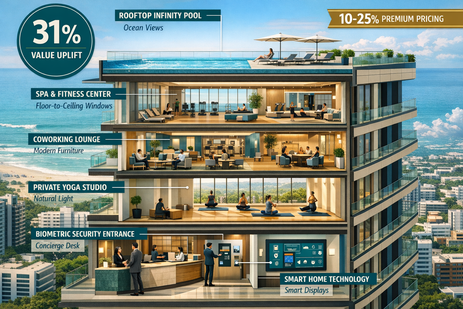 () detailed architectural rendering showing cross-section view of luxury Brazilian residential tower with labeled wellness