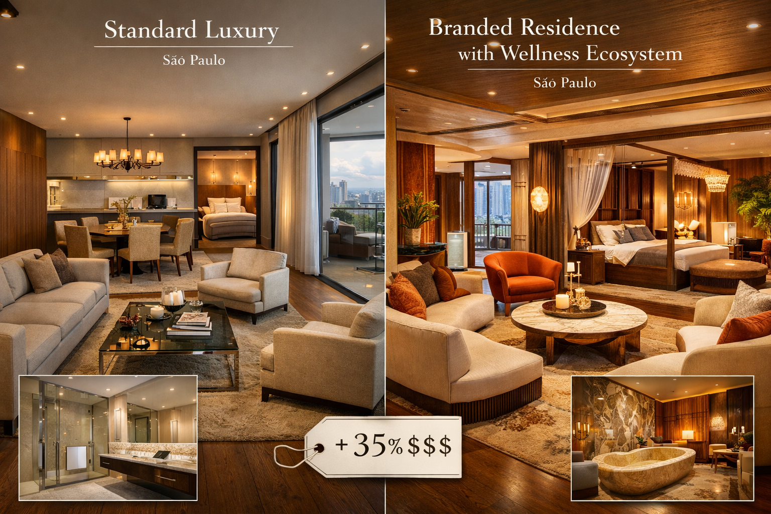 () sophisticated comparison visualization showing two side-by-side luxury apartment interiors in São Paulo, left side