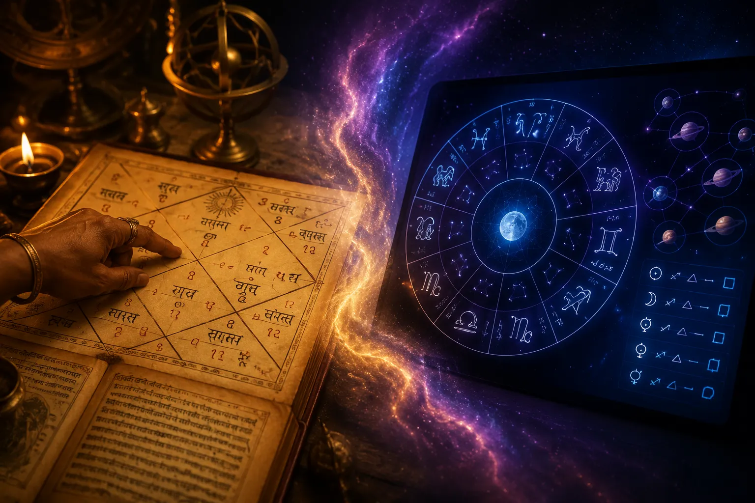 () hero image depicting a nuanced comparison of ancient Vedic astrological symbols and modern digital representations of