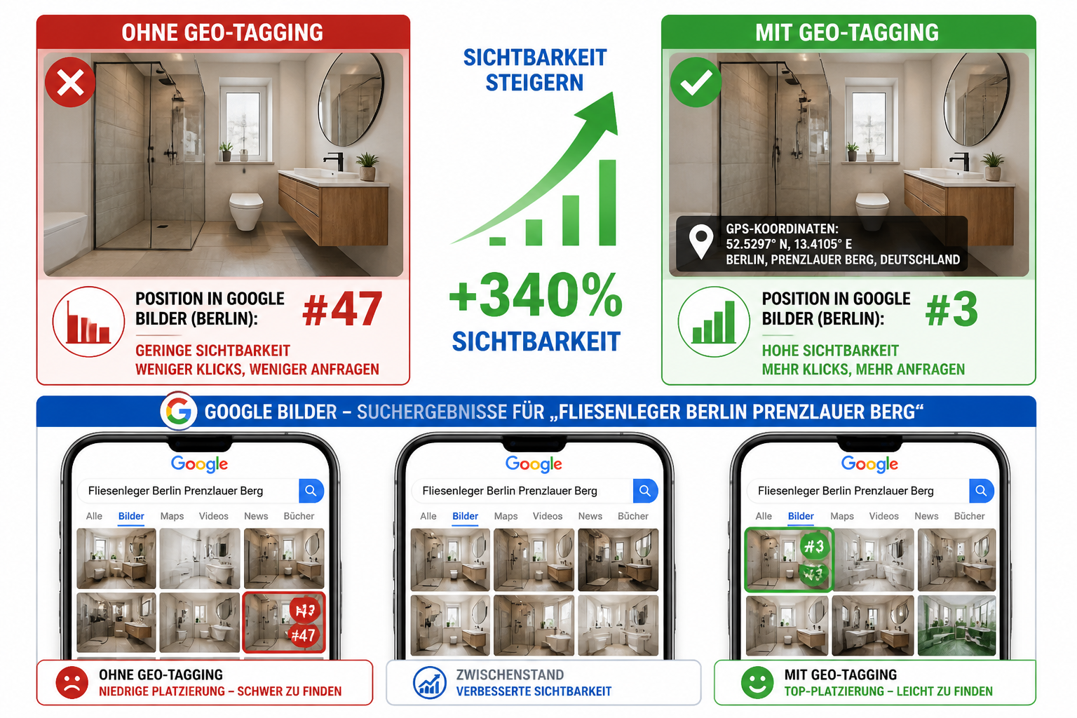 Detailed () image presenting side-by-side comparison infographic. Left panel labeled 'Ohne Geo-Tagging' shows generic