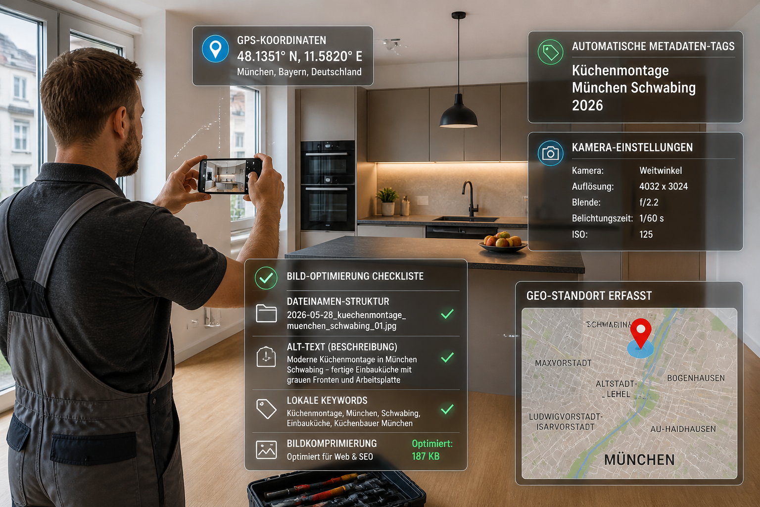 Detailed () image showing practical implementation scene: craftsman in work clothes standing at completed kitchen renovation