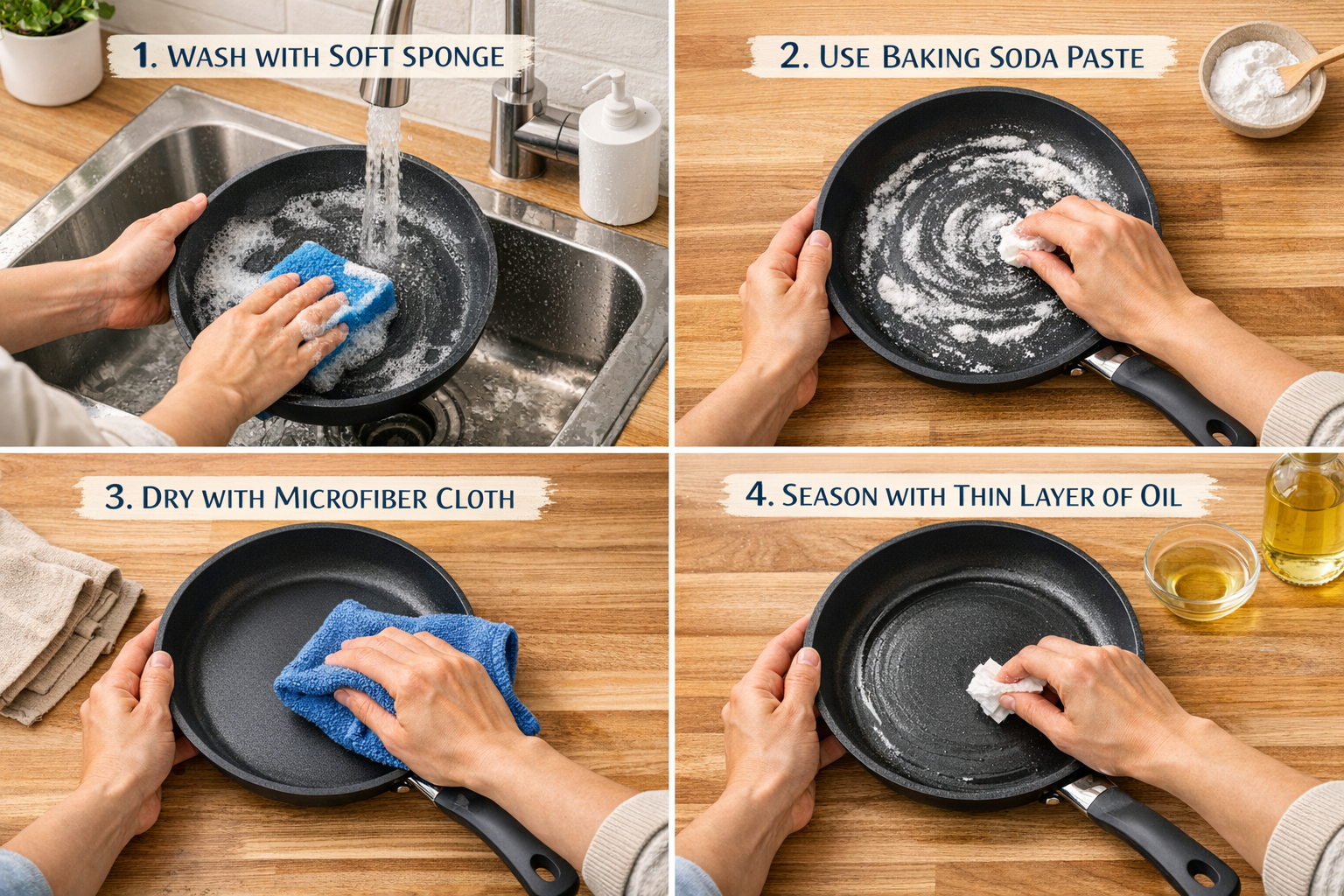 () step-by-step visual guide showing proper non-stick pan maintenance techniques, four-panel layout demonstrating hand