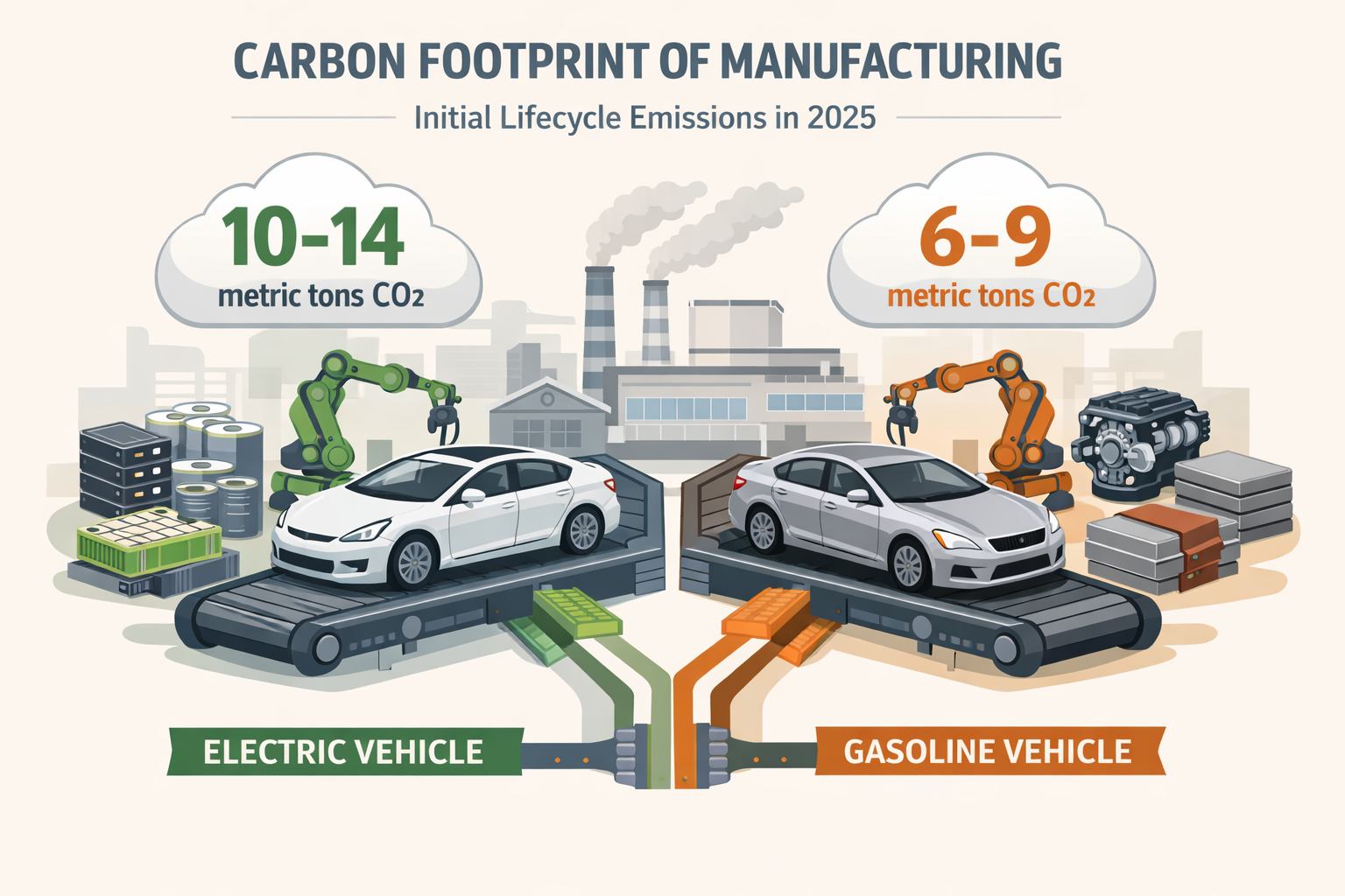An infographic comparing the carbon footprint of manufacturing electric cars versus gasoline cars, showing cars emissions

