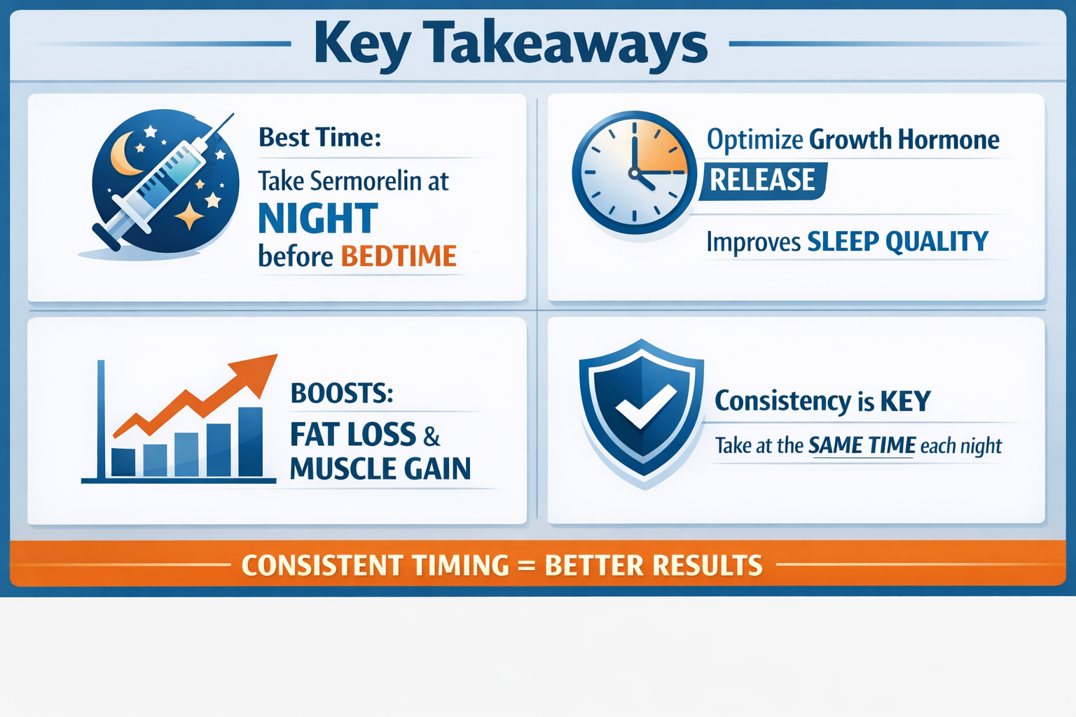 Professional infographic for article "Best Time to Take Sermorelin: Complete 2026 Timing Guide", section: "Key Takeaways". Include relevant 