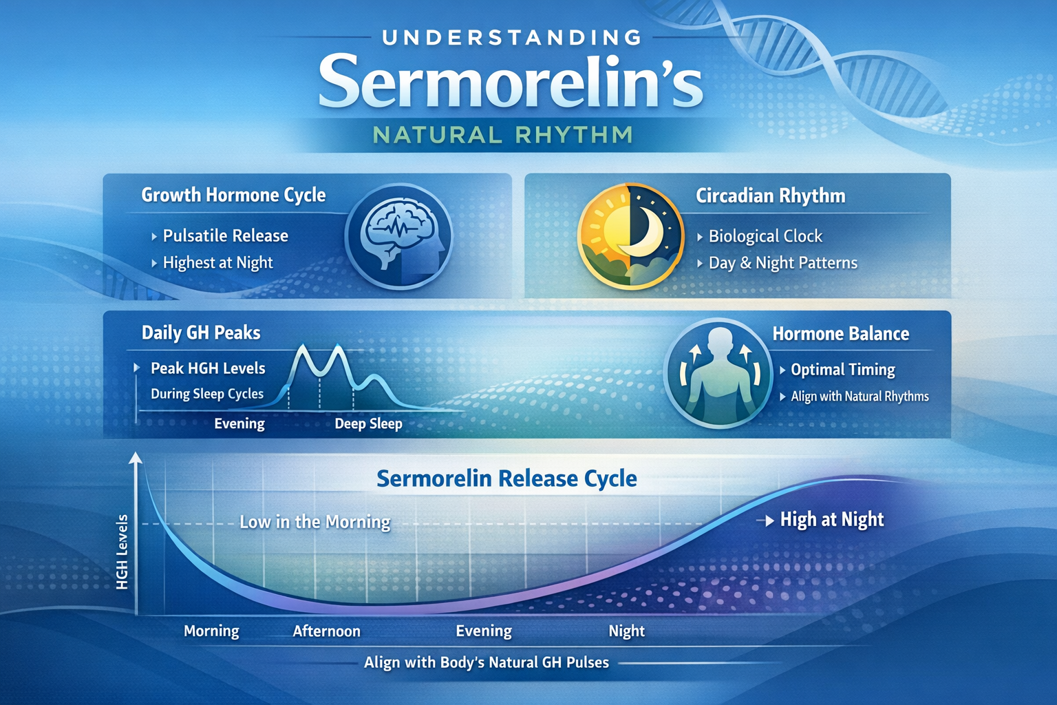 Professional infographic for article "Best Time to Take Sermorelin: Complete 2026 Timing Guide", section: "Understanding Sermorelin's Natura