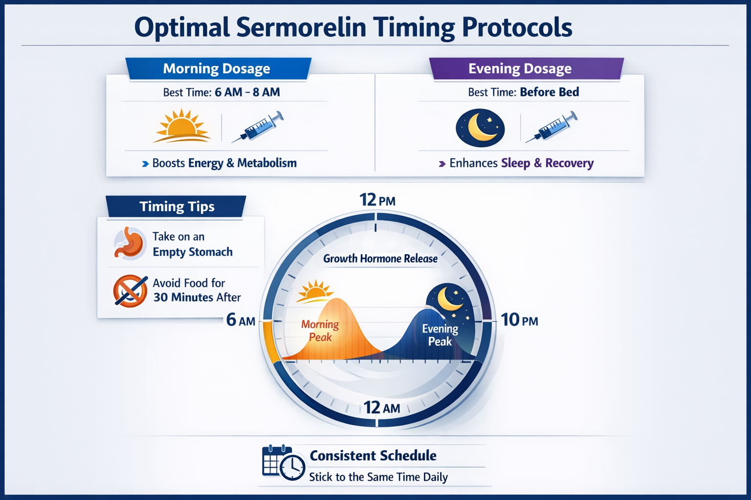 Professional infographic for article "Best Time to Take Sermorelin: Complete 2026 Timing Guide", section: "Optimal Sermorelin Timing Protoco