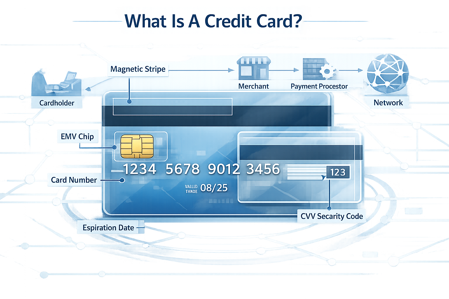 Detailed editorial illustration explaining 'What Is A Credit Card?' featuring a large, realistic credit card in the center with transparent