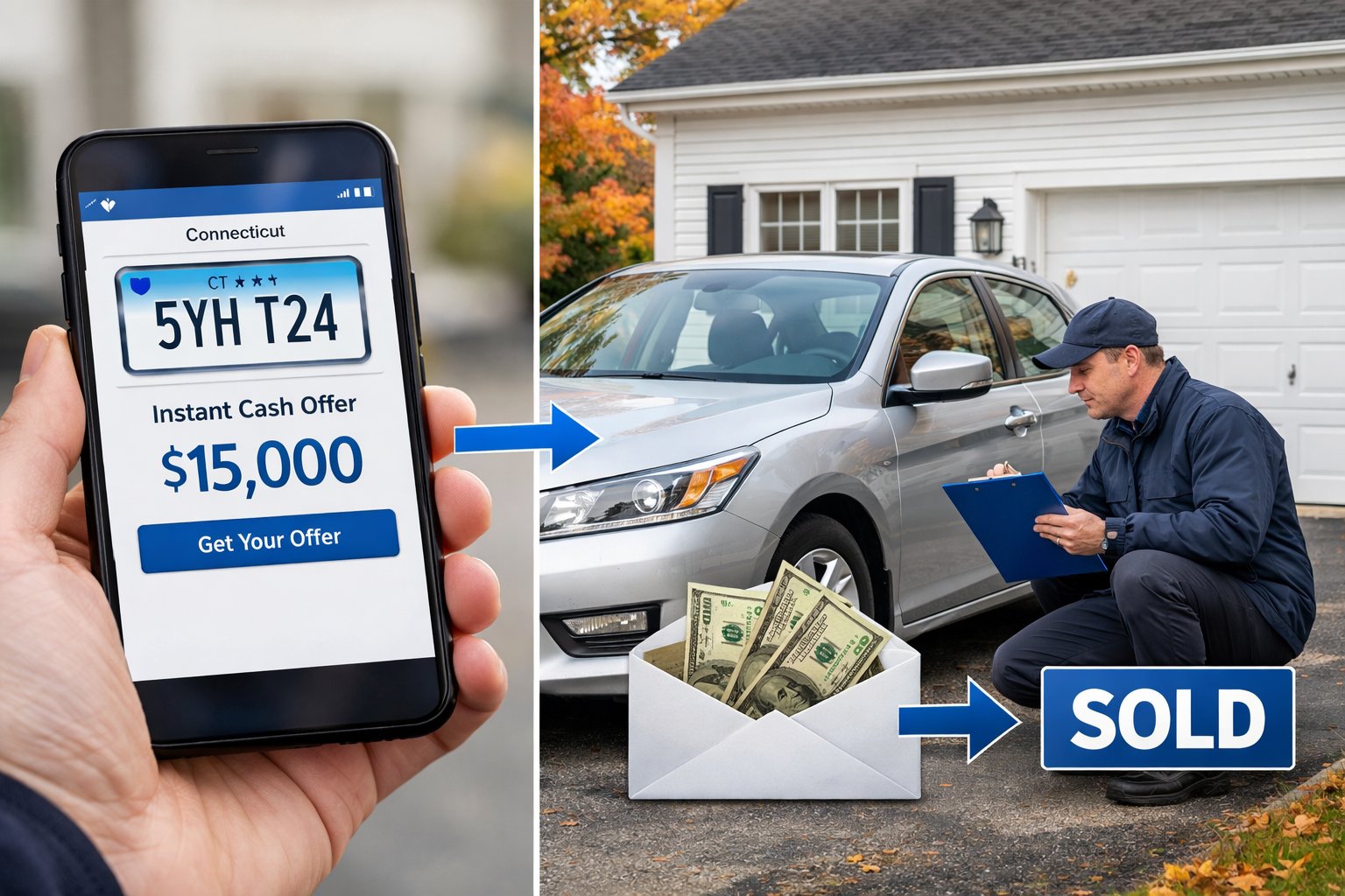 Detailed landscape editorial image (1536x1024) showing step-by-step visual process of online car selling: split-screen composition with left