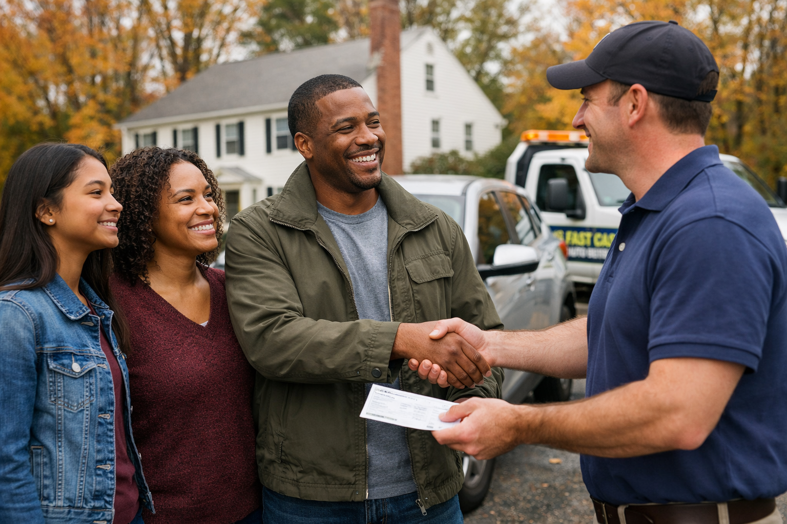 Landscape editorial photograph (1536x1024) showing happy Connecticut family receiving payment for their car sale: diverse family of three st