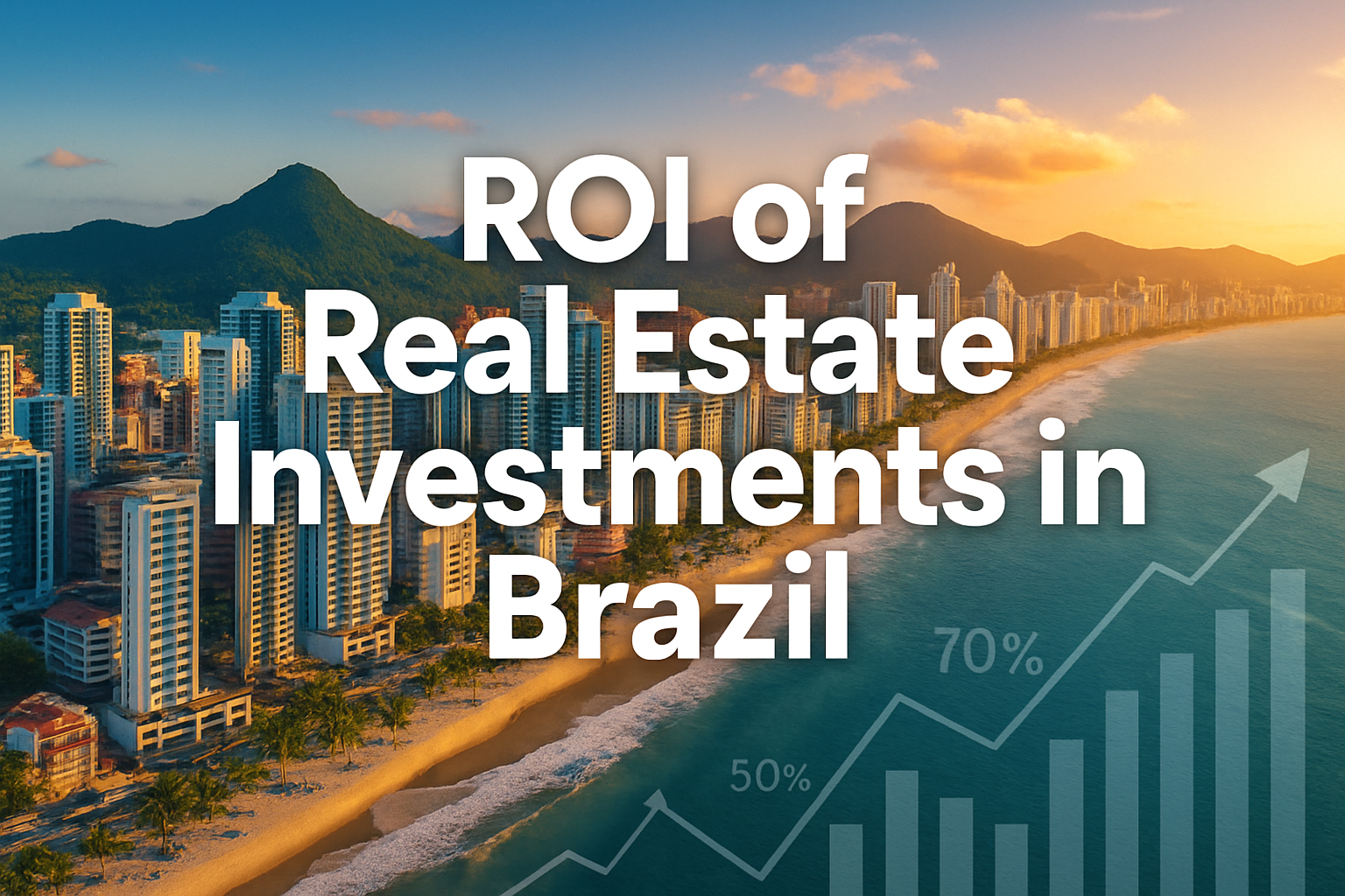 Professional landscape hero image (1536x1024) featuring bold text overlay 'ROI of Real Estate Investments in Brazil' in extra large 72pt whi