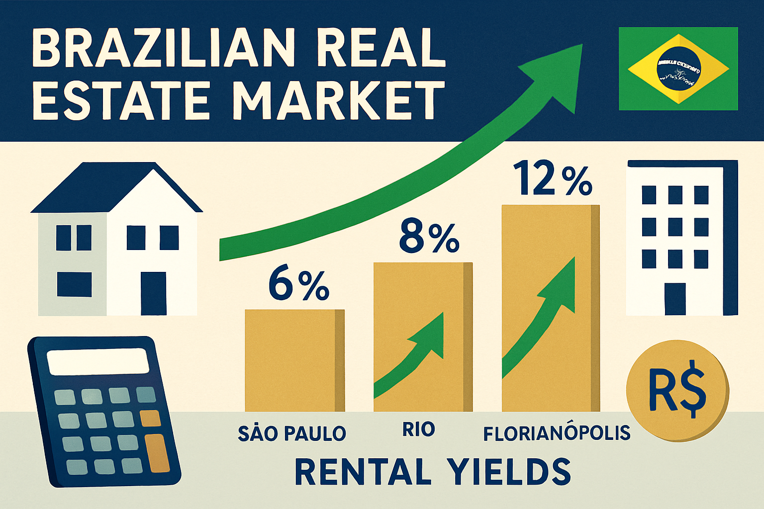 Detailed editorial illustration (1536x1024) showing Brazilian real estate market performance metrics with large bar charts comparing rental
