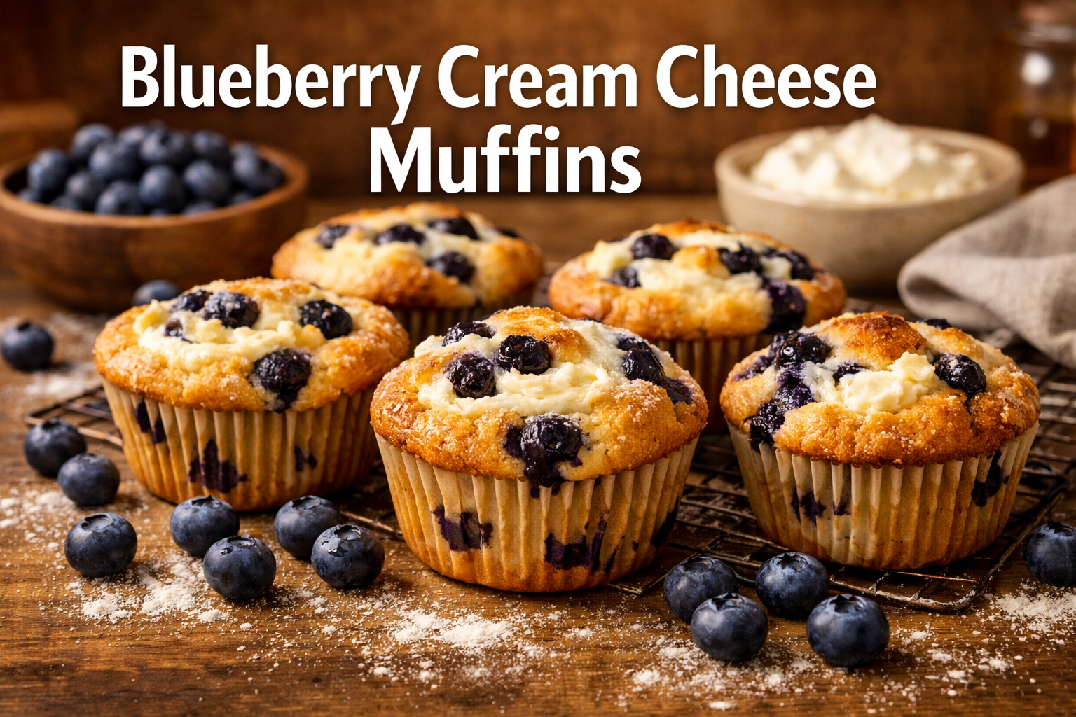 Professional landscape hero image (1536x1024) featuring bold text overlay 'Blueberry Cream Cheese Muffins' in extra large 72pt white sans-se