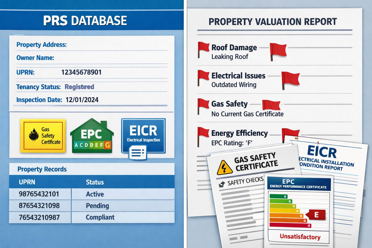 () detailed illustration showing split-screen composition: left side displays digital PRS database interface with property