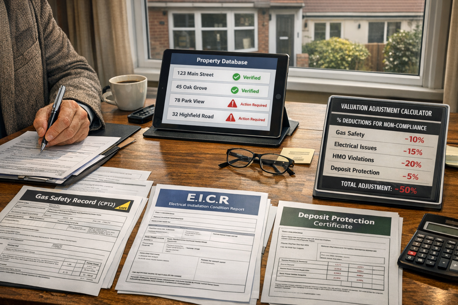 () detailed surveyor's workspace scene showing professional conducting property valuation with multiple compliance documents