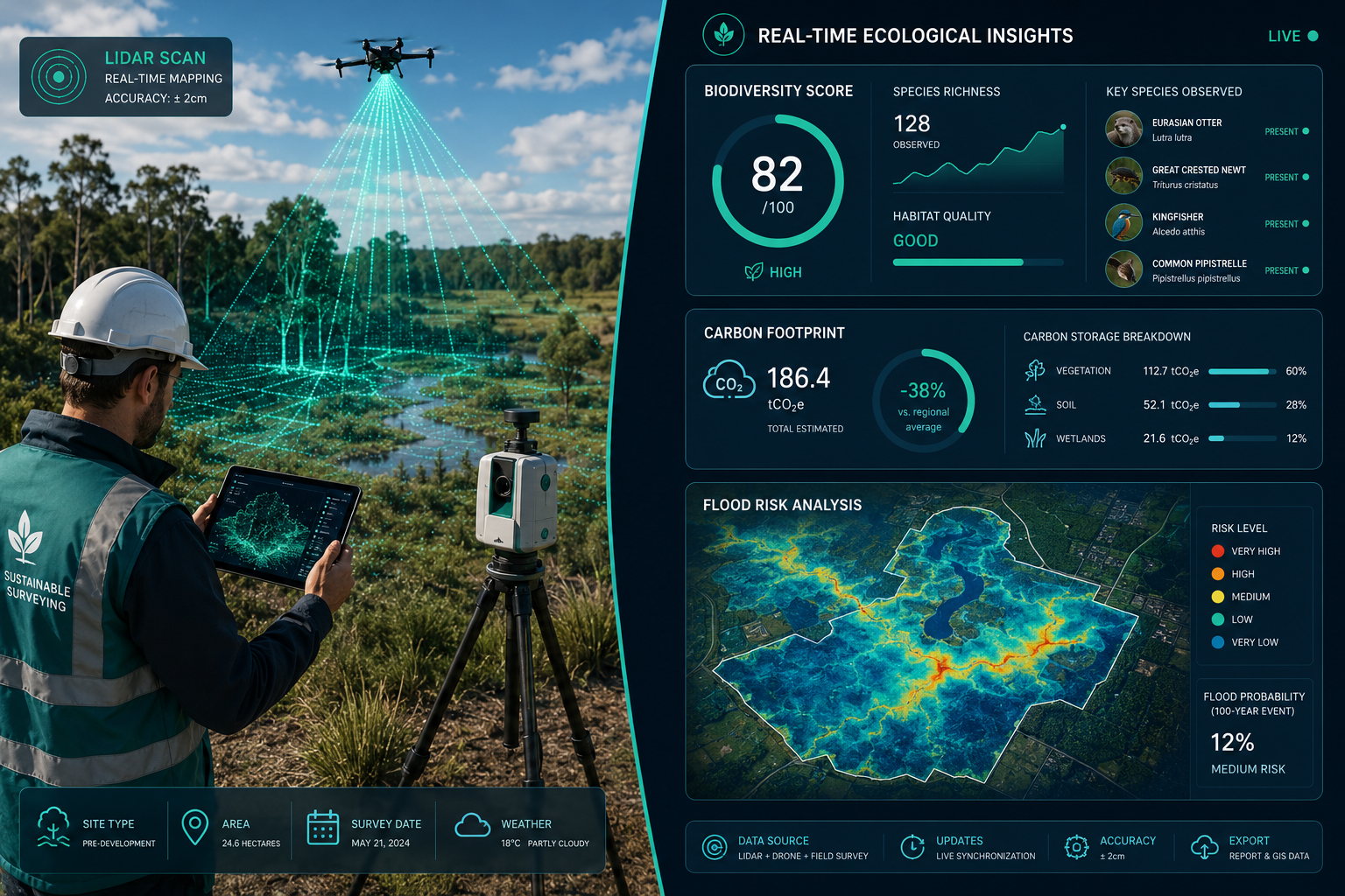 () infographic-style illustration showing a split-screen: left side displays a surveyor using a tablet with LiDAR scanning