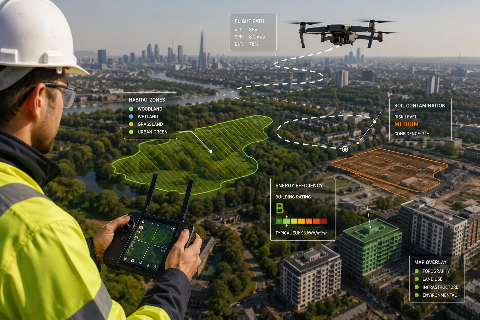() close-up aerial drone photograph capturing a property surveyor operating a professional drone over a mixed urban-green
